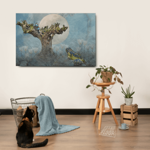 image-product-wanddecoratie-paneel-muur-fine-art-fotocollage-titel-magic-tree-interieur-illustratie-bomen-kikker-vlinder-dieren-insecten-ideasonthefloor.com