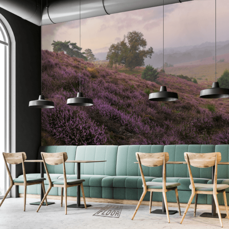 image-product-muurbekleding-wanddecoratie-muurdecoratie-muurfoto-fotobehang-panoramamuur-horeca-inrichting-fotomuur-foto-panorama-bomen-heide-heidevelden-heidekoorts-posbank-mist-titel-heather-ideasonthefloor